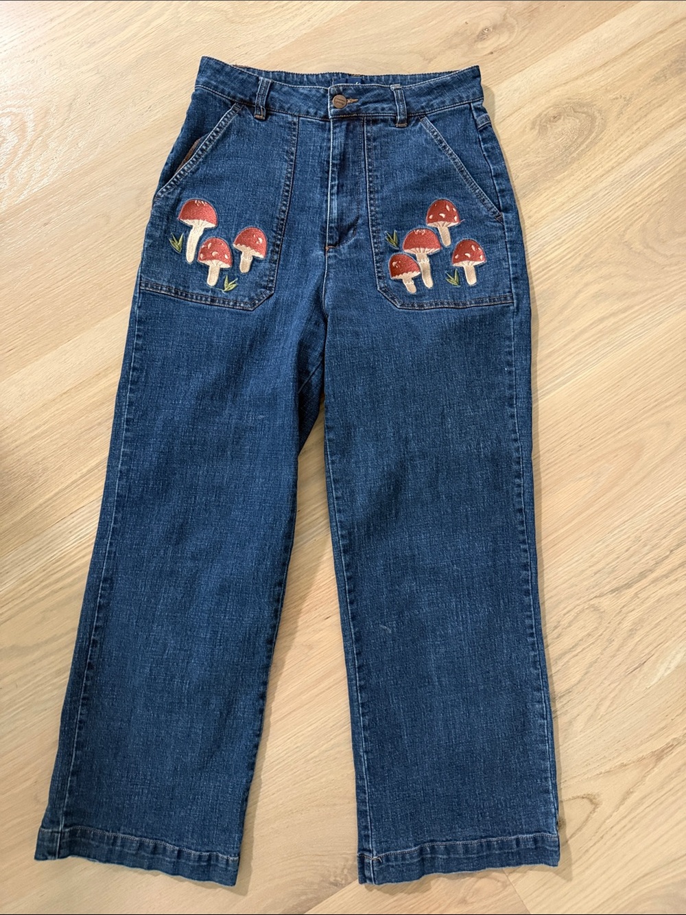 Princess Highway Mushroom Embroidered High-Waisted Wide Leg Jeans Size 8